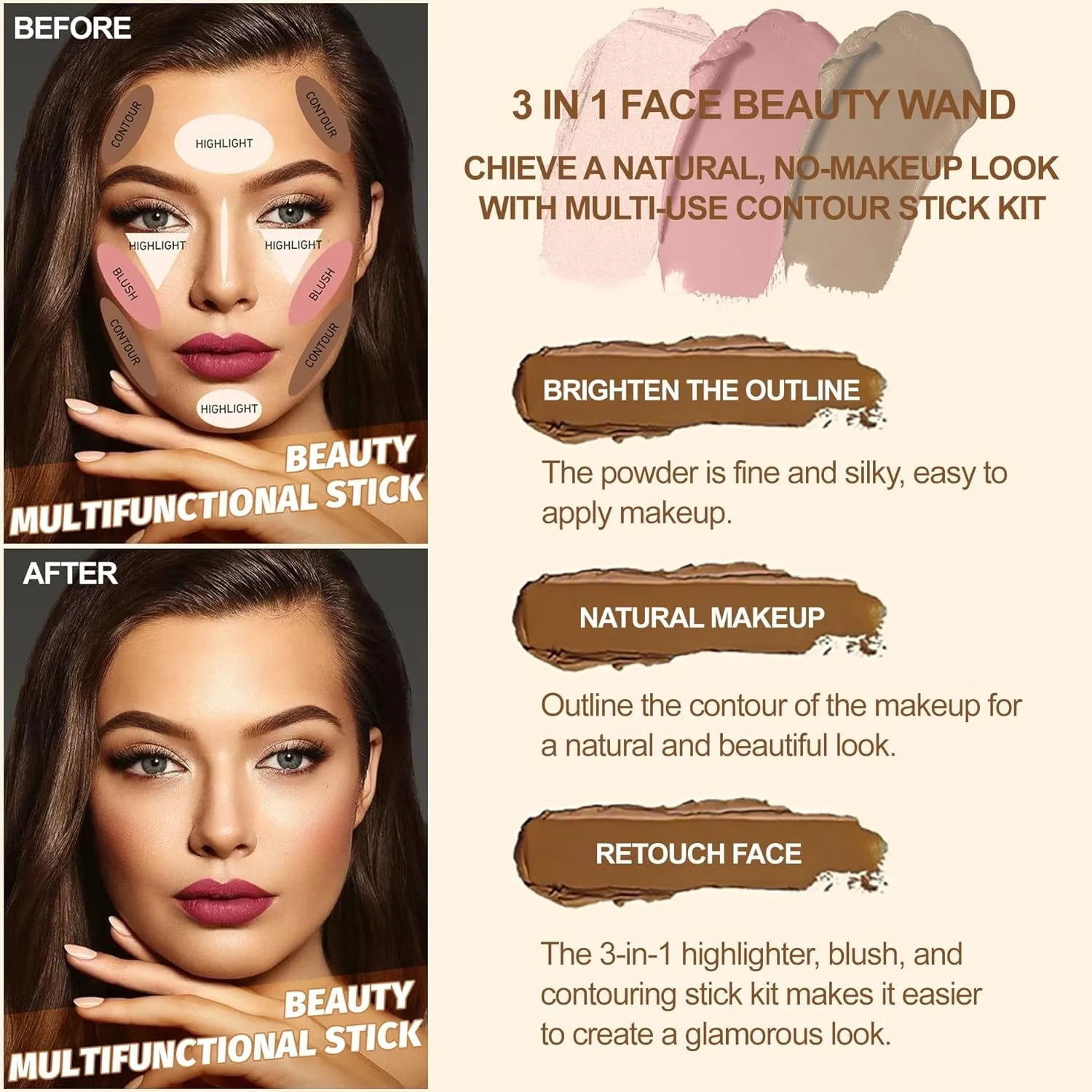 3-Piece Cream Contour Makeup Set: Highlighter, Blush & Bronzer Sticks for Long-Lasting Sculpting