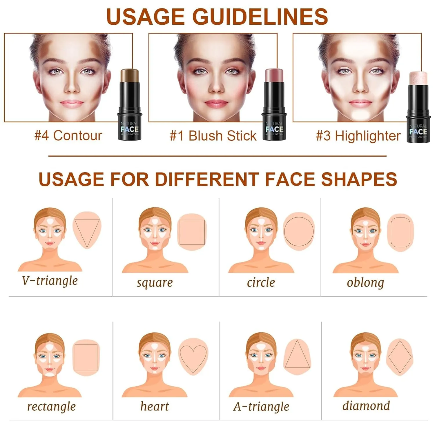 3-Piece Cream Contour Makeup Set: Highlighter, Blush & Bronzer Sticks for Long-Lasting Sculpting