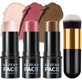 3-Piece Cream Contour Makeup Set: Highlighter, Blush & Bronzer Sticks for Long-Lasting Sculpting