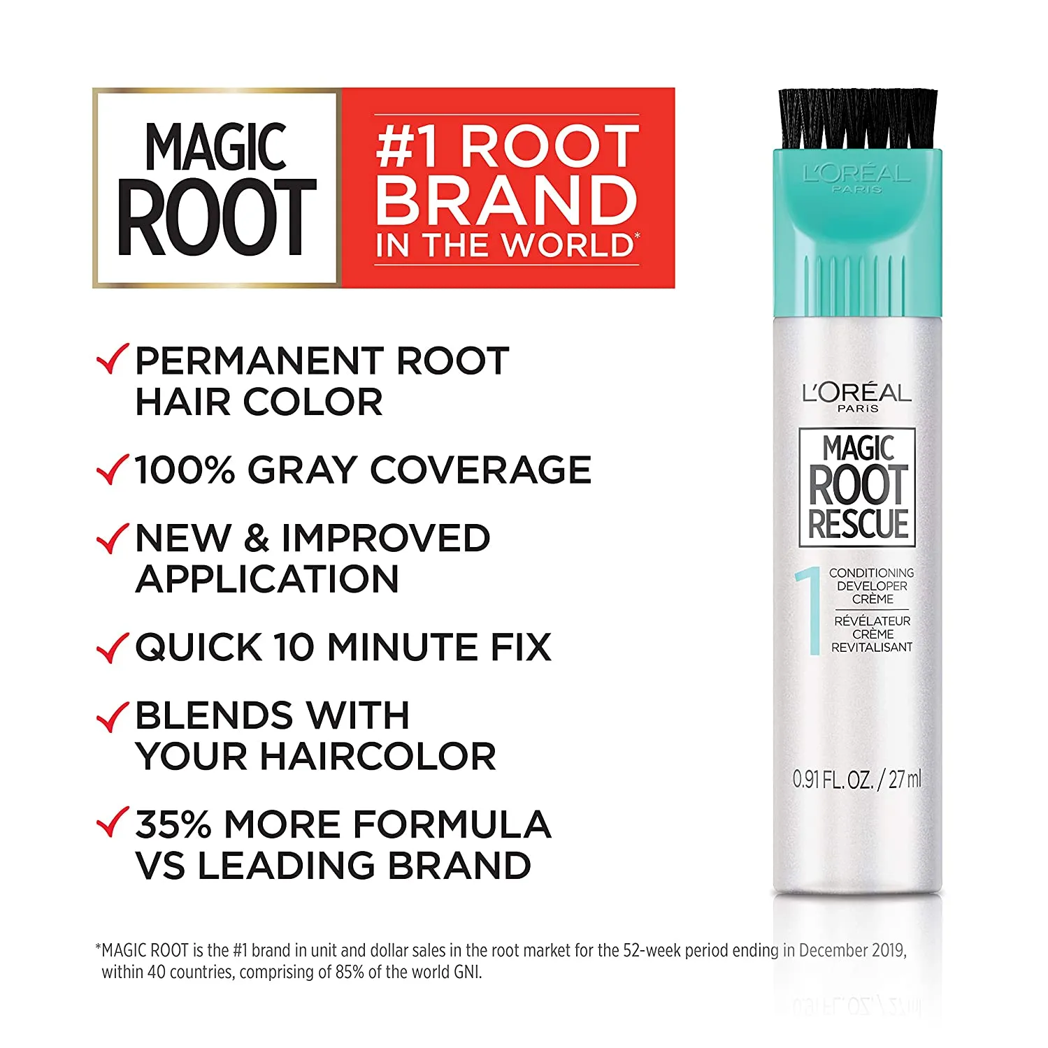 L'Oreal Paris Magic Root Rescue 10 Minute Root Hair Coloring Kit, Permanent Hair Color with Quick Precision Applicator, 100% Gray Coverage, 2 Black, 2 count